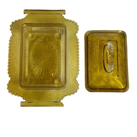 Antique Honey Dish Lid Yellow Glass Co-Operative Flint 1800s Leaf Pattern Pot - Picture 7 of 13